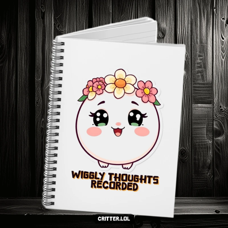 Funny notebook with a round critter with curious eyes and a flower crown, doing a happy wiggle, perfect for jotting down happy thoughts.