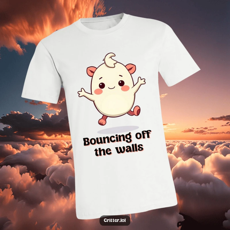 Funny t-shirt depicting a bouncy creature with rubbery legs hopping with pure amusement and boundless energy.