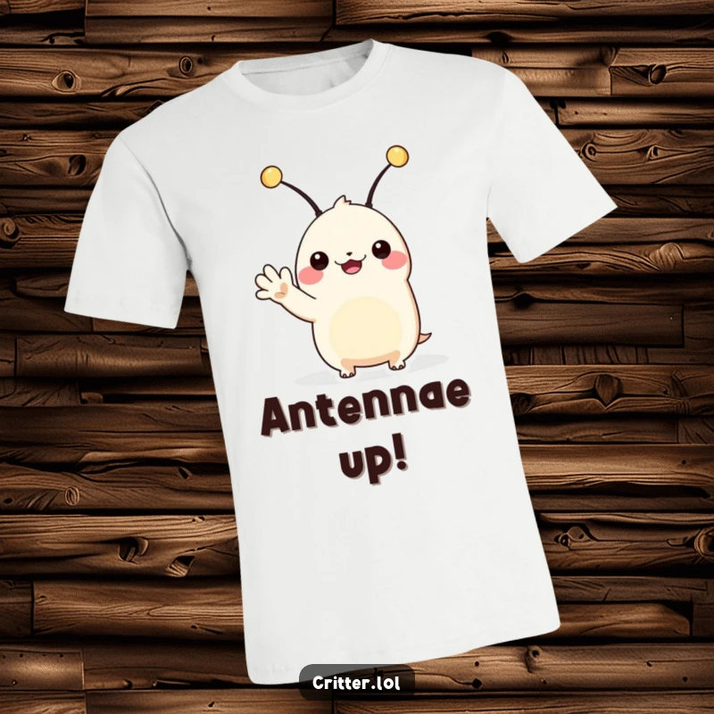Funny alien t-shirt depicting a creature with antennae waving hello, celebrating friendly intergalactic communication.