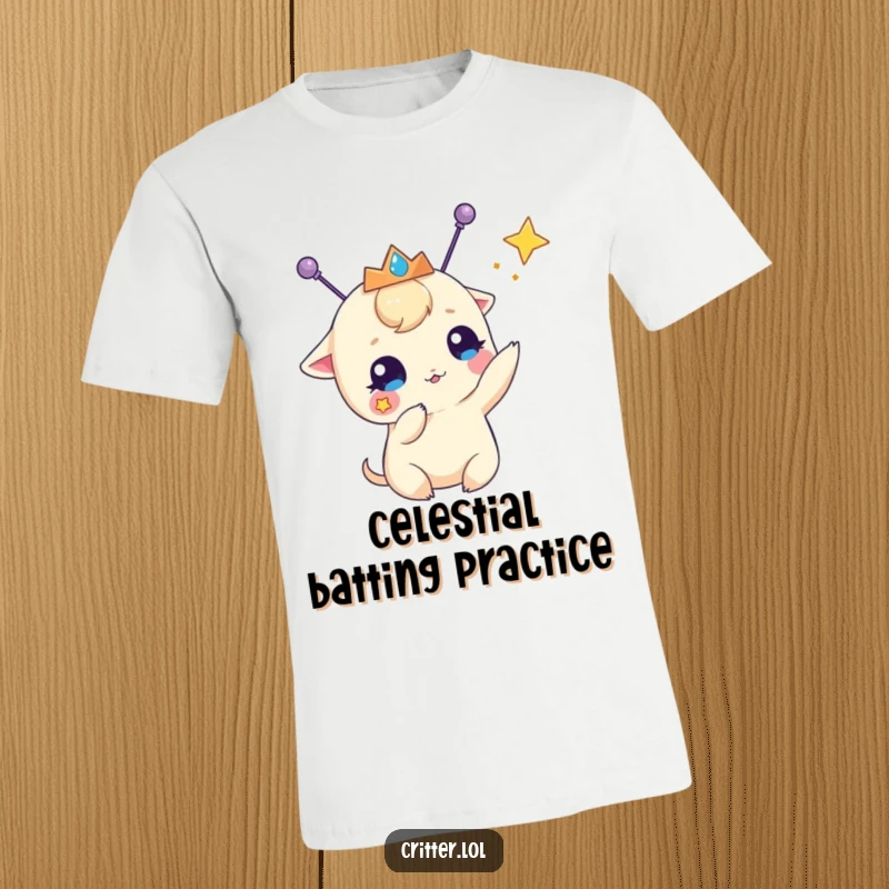 Funny t-shirt featuring a small creature with antennae and a tiara, joyfully batting at a distant star, conveying playful wonder.