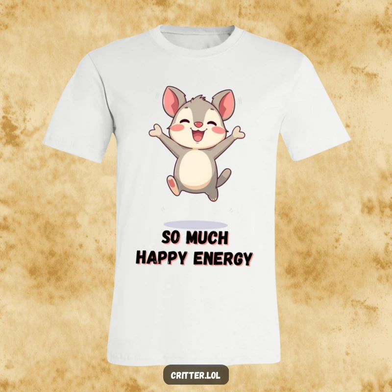 Funny bouncing critter character making exaggerated joyful leaps on a t-shirt, capturing infectious energy and happiness, an ideal funny gift.