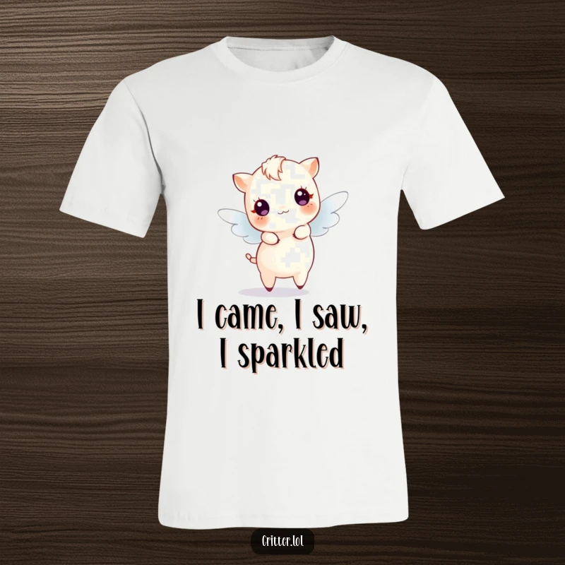 Funny T-Shirt featuring a small, winged creature dancing amidst glowing sparkles, embodying pure joy and magical energy.