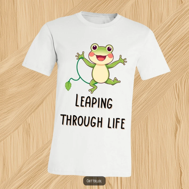 Funny frog t-shirt of a joyful character expertly jumping rope with a vine, exuding athleticism and fun.