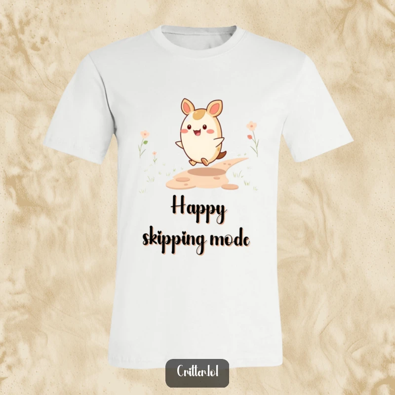Funny Critter T-Shirt: A chubby, cheerful critter energetically skips down a path, showcasing a vibrant and funny sense of freedom.