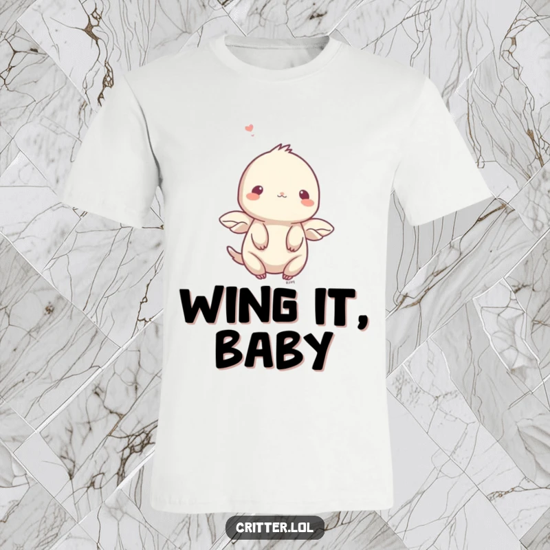 Funny t-shirt of a shy creature with small wings fluttering upwards, a subtle and funny gift.