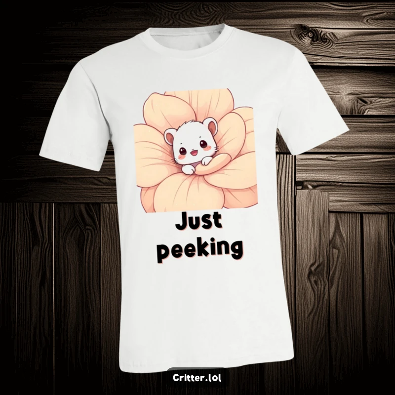Funny critter t-shirt showing a shy critter peeking from behind a flower, embodying sweet and playful innocence.