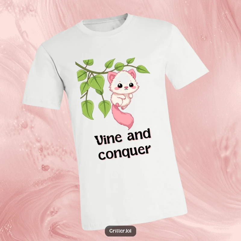 Funny t-shirt featuring a fuzzy critter with a long tail in motion, sliding down a leafy vine. A dynamic and humorous design for active people.