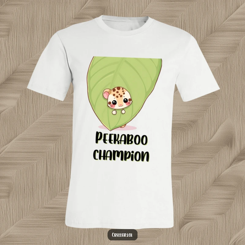 Funny shy spotted critter peeking from behind a giant leaf, wiggling, printed on a funny t-shirt, perfect for shy personalities.