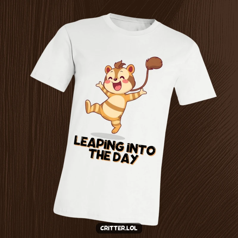Funny t-shirt featuring a striped creature with a bushy tail leaping joyfully, radiating pure, unadulterated happiness.