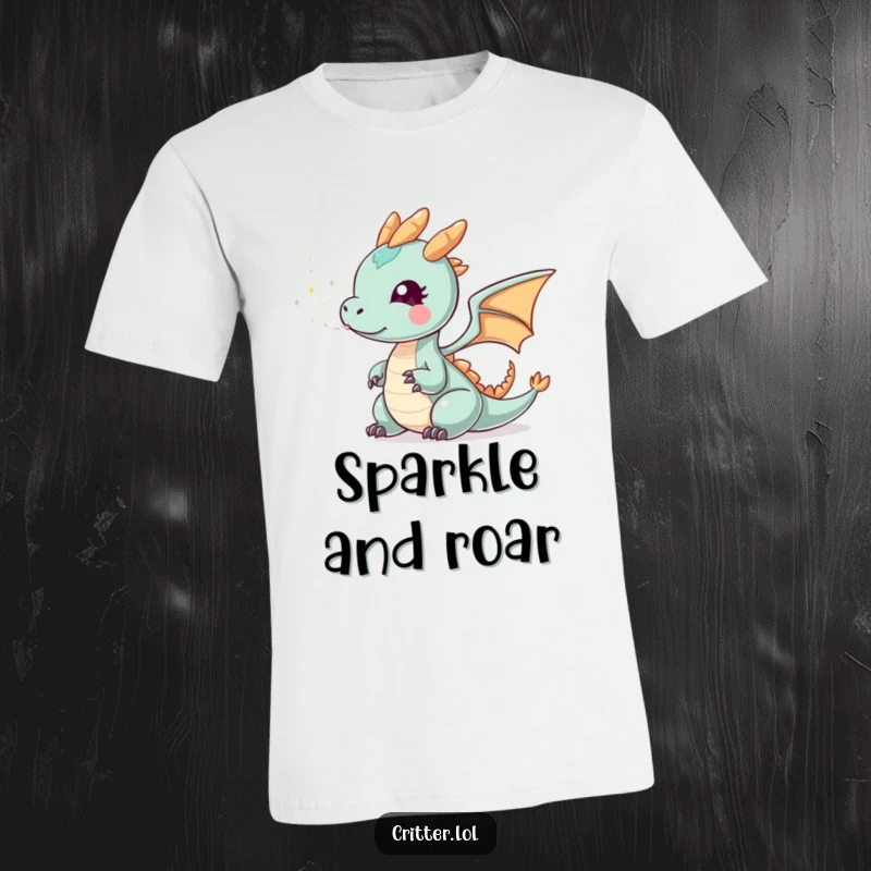 Funny tiny dragon t-shirt featuring a small dragon exhaling a puff of sparkly smoke, perfect for expressing magical interests and a sense of wonder.