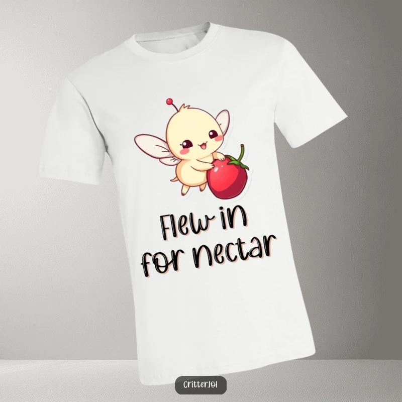 Funny t-shirt showcasing a delightful winged critter in mid-flight, happily buzzing around a juicy berry.