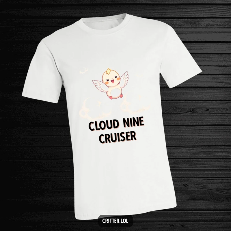 Funny t-shirt depicts a winged critter gracefully soaring through fluffy clouds, symbolizing freedom, joy, and lightheartedness.