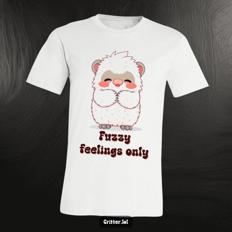 Funny t-shirt showcasing a small, endearing yeti character extending its arms for a big, warm, fuzzy, comforting hug.