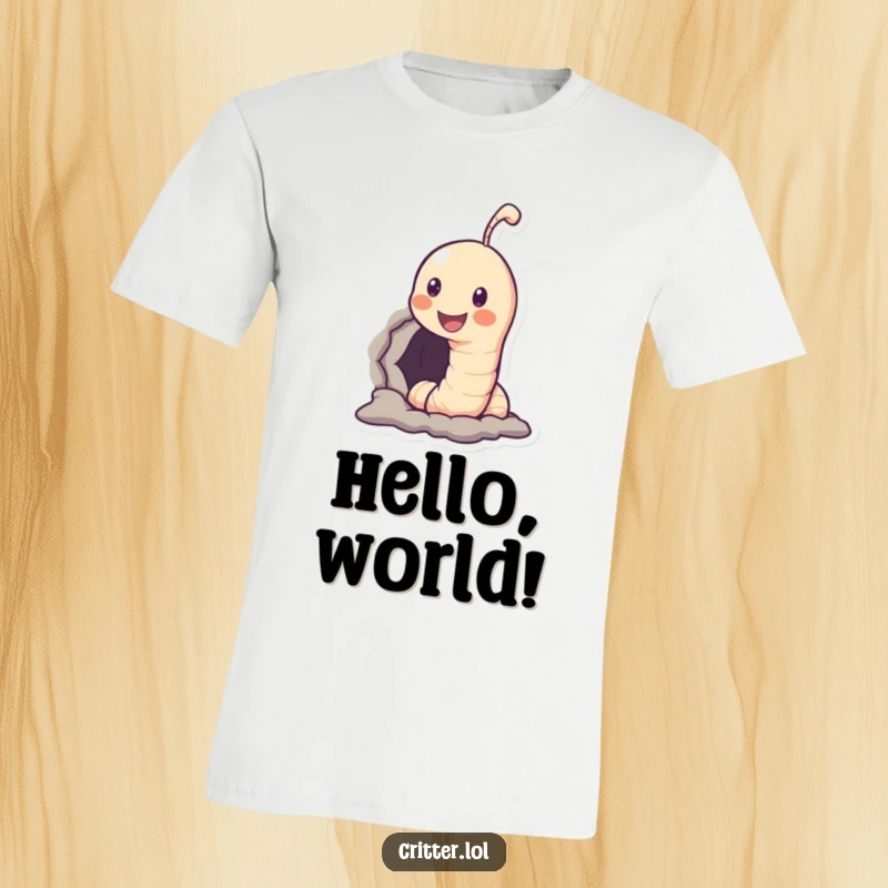 Funny t-shirt depicting a smiling worm character emerging from a small hole, conveying curiosity and warmth.