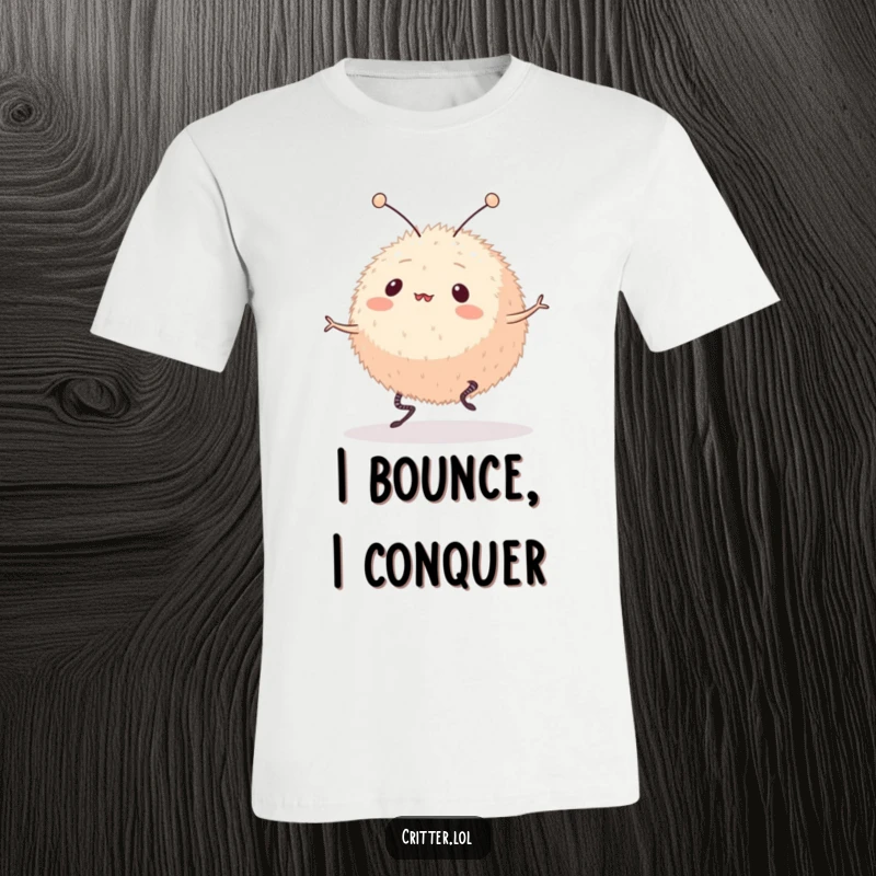 Funny t-shirt depicting a round, furry creature with antennae bouncing energetically on super springy legs. A vibrant and cheerful design for humor lovers.