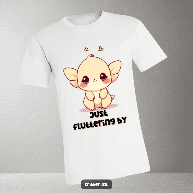 Funny t-shirt showing a shy creature with small wings gracefully fluttering upwards, symbolizing gentle aspiration.