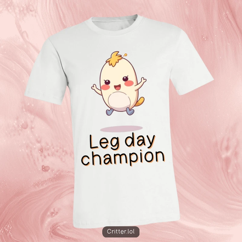 Funny t-shirt design of a bouncy creature with rubbery legs hopping with amusement, a great funny gift.