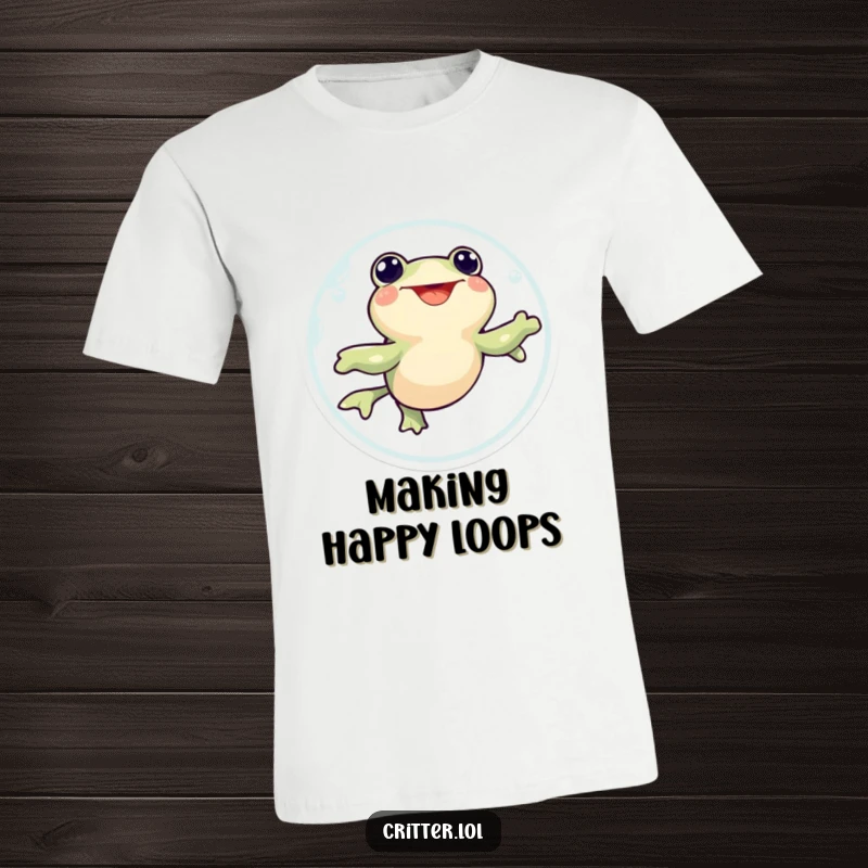 Funny t-shirt depicting a happy tadpole character swimming energetically in circles with a look of gleeful excitement.