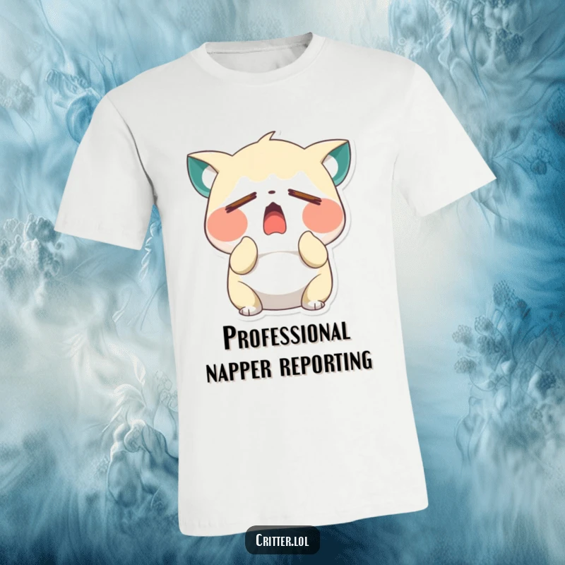 Funny sleepy critter character yawning wide with closed eyes on a soft t-shirt, capturing true exhaustion, an ideal funny gift.