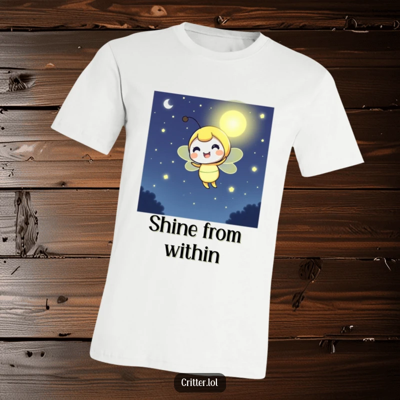 Funny firefly t-shirt featuring a cheerful character shining brightly in the dark, symbolizing hope and joy.