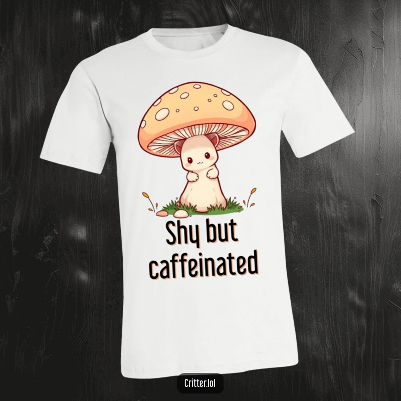 Funny Critter T-Shirt: A cute, shy critter peeks out from behind a massive mushroom, showcasing a funny and relatable introverted vibe.