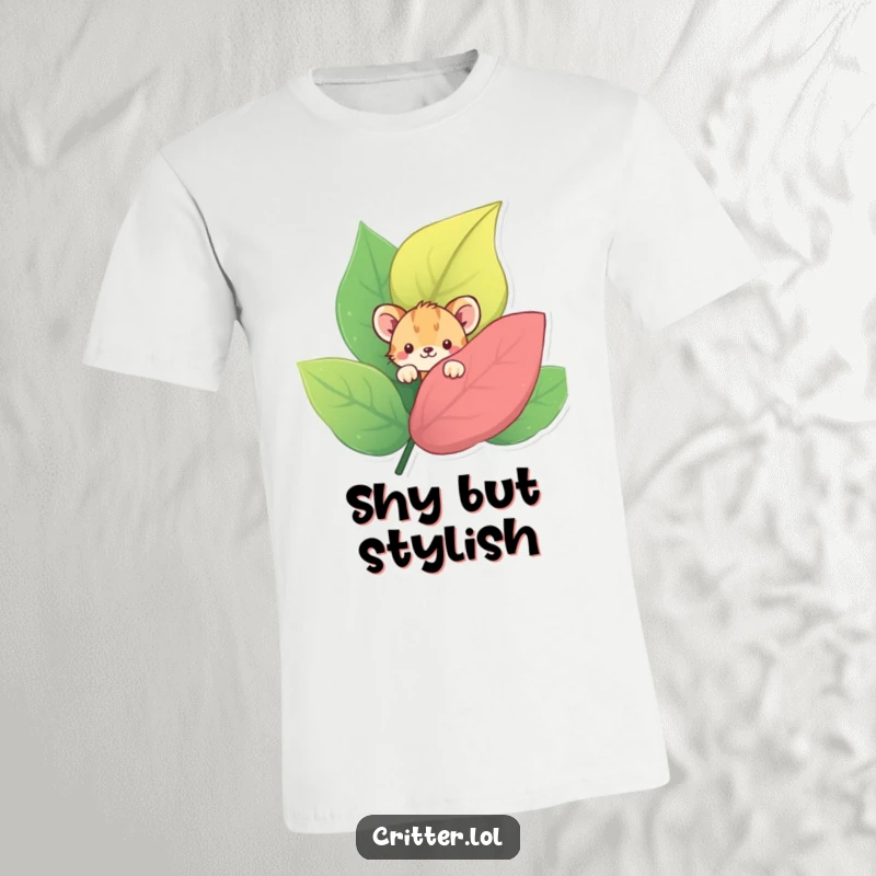 Funny t-shirt with a shy critter peeking from behind a large, colorful leaf, illustrating a bashful yet curious nature.