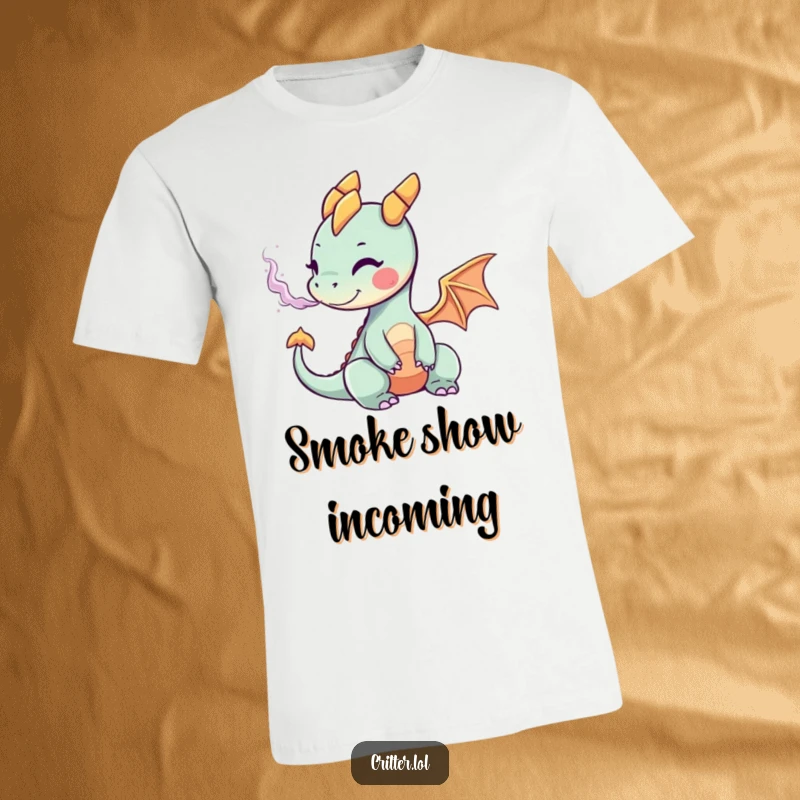 Funny t-shirt showcasing a cute tiny dragon joyfully breathing a plume of multi-colored smoke, expressing playful fantasy.