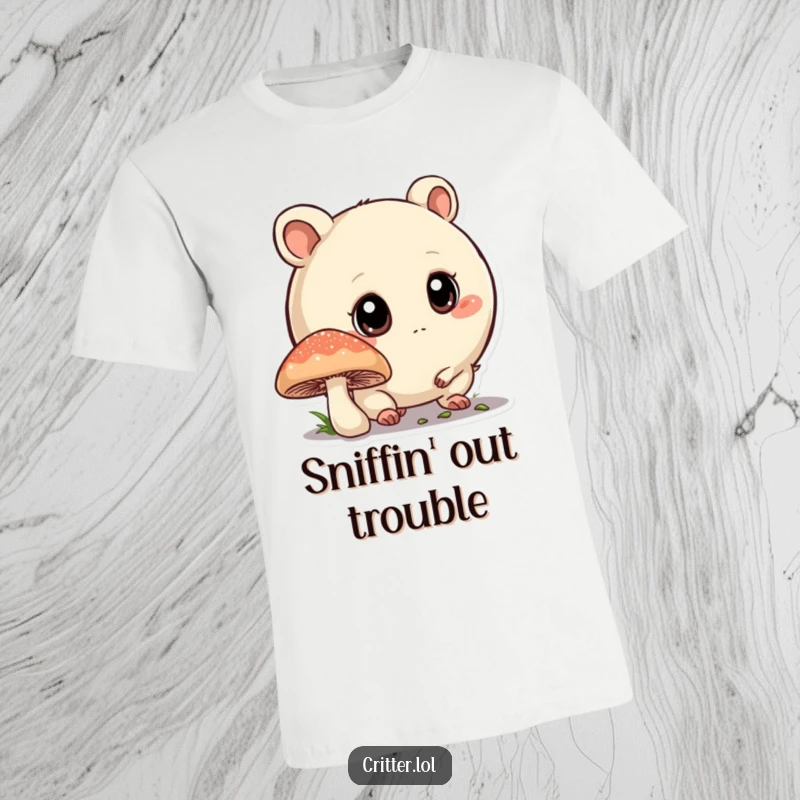 Funny t-shirt depicting a round critter with big eyes curiously sniffing a mushroom, perfect for nature lovers and adventurers.