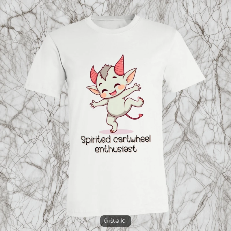 Funny t-shirt depicting a cute imp with devil horns doing a cartwheel, full of playful energy and charm.