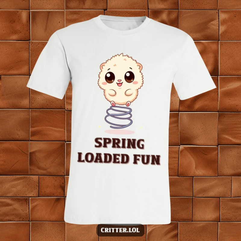 Funny t-shirt showcasing a small, fuzzy creature with big, happy eyes joyfully bouncing on a coiled spring.