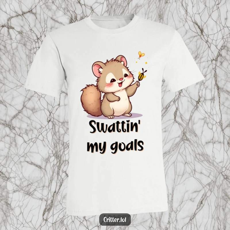 Funny t-shirt with a furry critter with a bushy tail playfully swatting at a firefly, ideal for whimsical outdoor lovers.