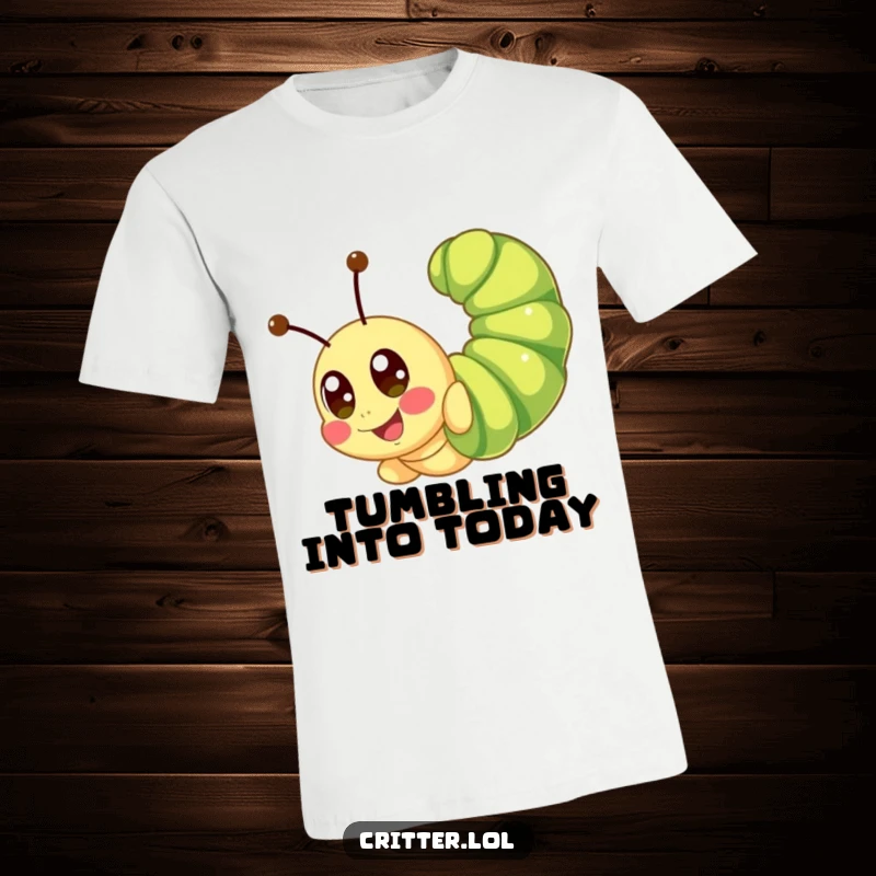Funny cute caterpillar t-shirt performing a lively somersault with wide, ecstatic eyes, bringing a burst of happiness.