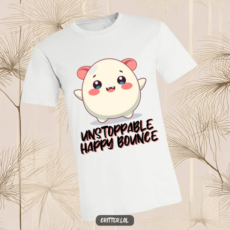 Funny t-shirt showcasing a bouncing blob creature with a wide, infectious smile, looking incredibly happy and energetic.