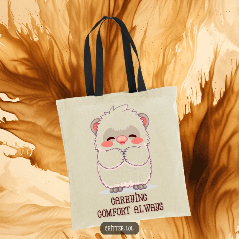 Funny tote bag featuring a small, fuzzy yeti character enthusiastically giving a warm, affectionate, fuzzy hug, perfect for everyday use.