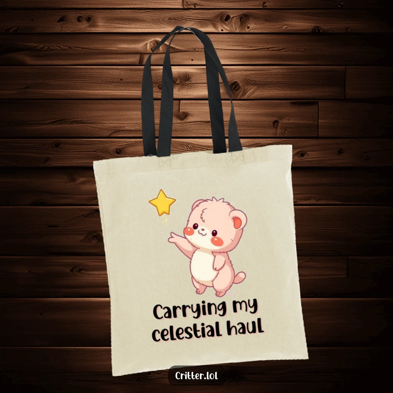 Funny tote bag showcasing a fuzzy creature stretching to grab a falling star, perfect for carrying items with a dose of humor.