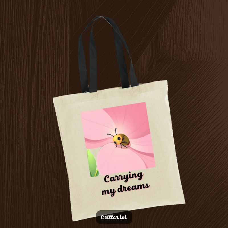Funny tote bag with a charming beetle character enthusiastically climbing a giant flower petal, perfect for carrying items with humor.