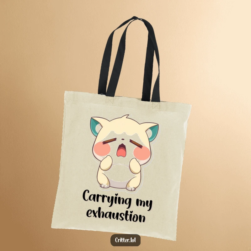 Funny sleepy critter character yawning wide with closed eyes on a durable tote bag, perfect for carrying groceries or dreams, a funny gift.