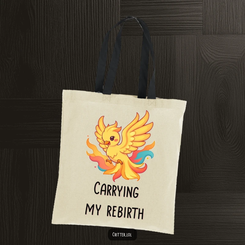 Funny tote bag featuring a playful phoenix rising from colorful flames, perfect for carrying items with powerful symbolism.