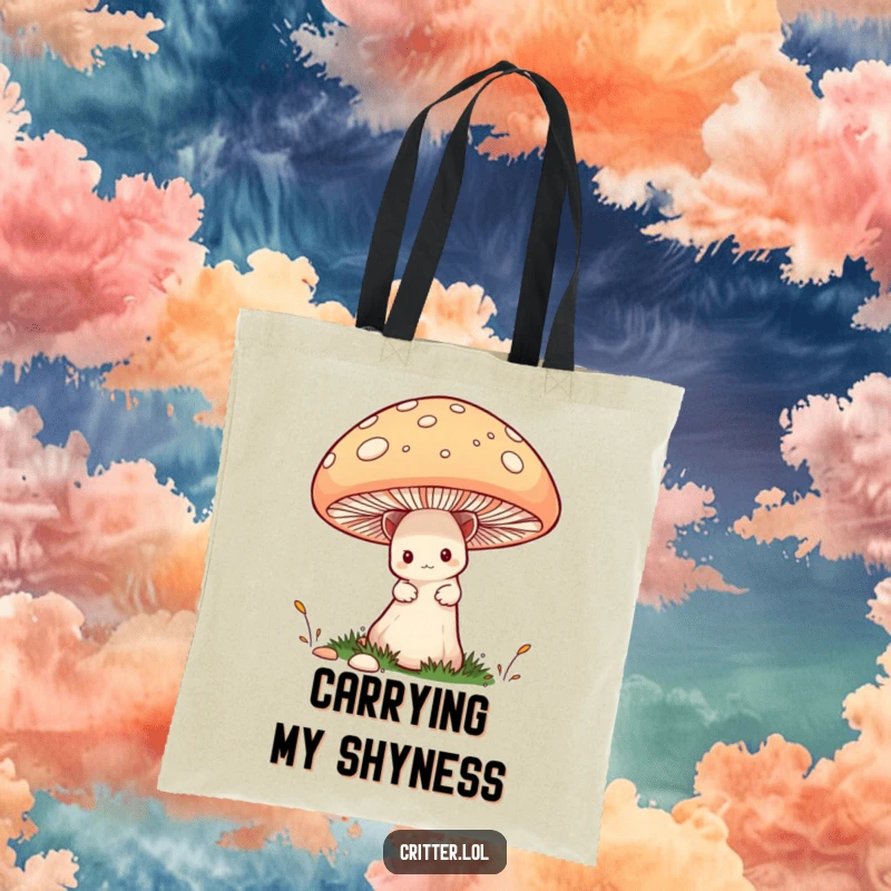Funny Critter Tote Bag: A timid critter peeks from behind a large mushroom, offering a cute and funny accessory for everyday use.