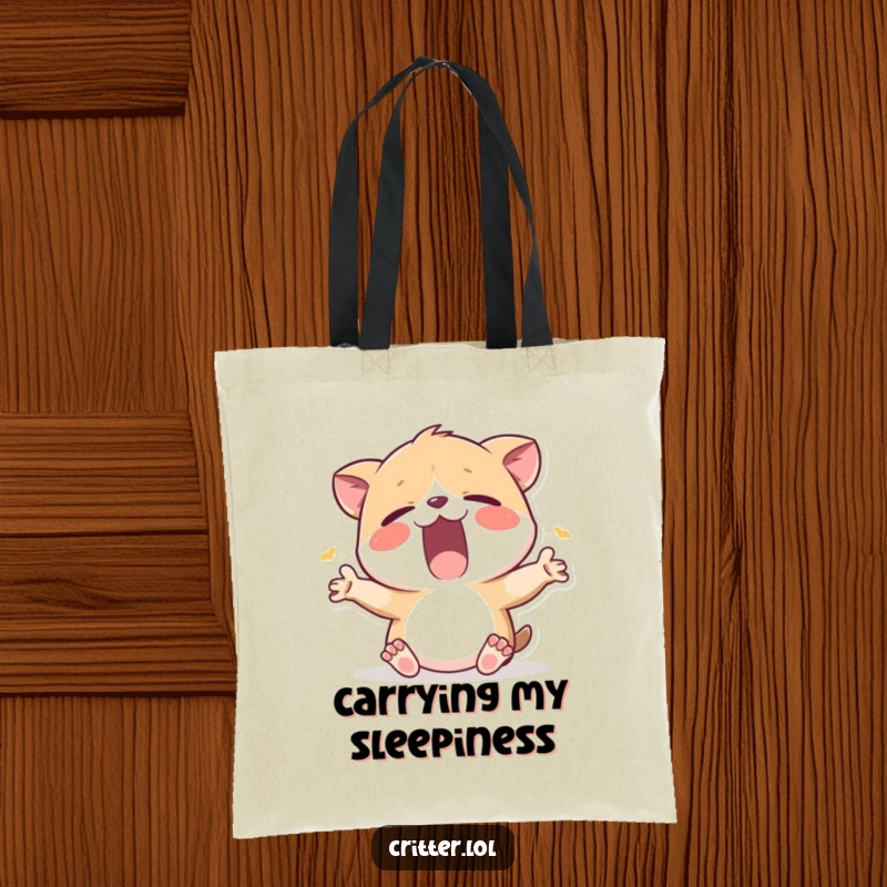 Funny tote bag with a sleepy critter yawning and stretching, symbolizing a relaxed and unhurried approach to life.
