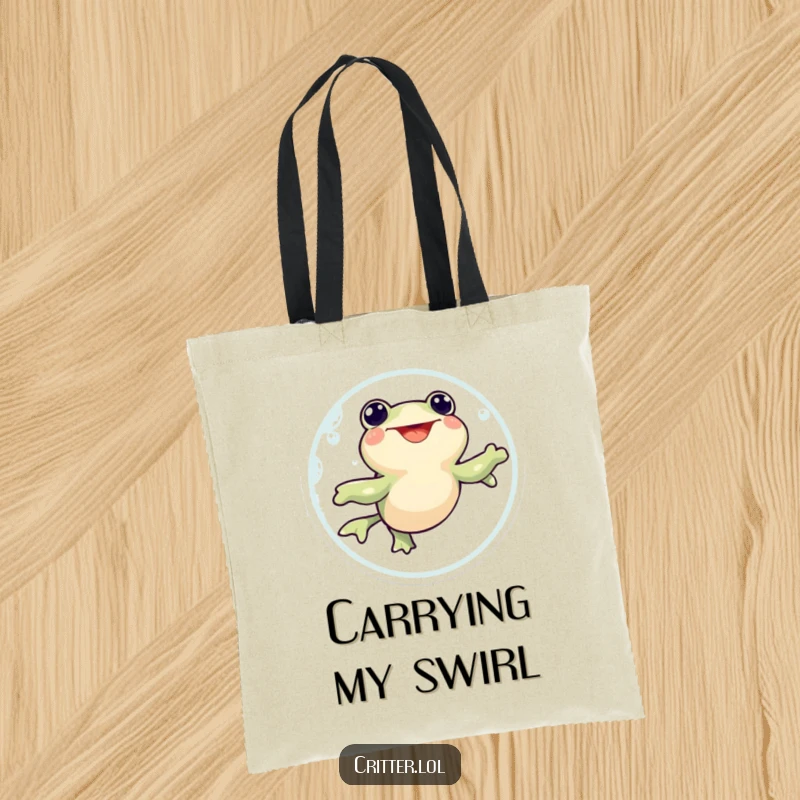 Funny tote bag with a happy tadpole character swimming in an excited circle, perfect for carrying items with humorous flair.