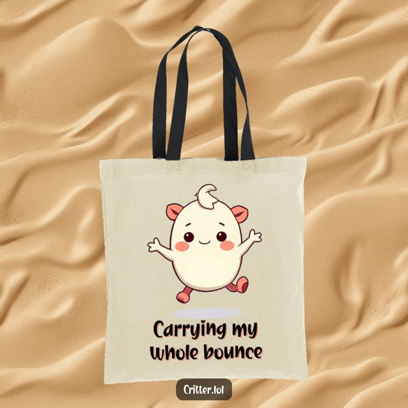 Funny tote bag with a bouncy creature with rubbery legs hopping with amusement, ready for any outing.