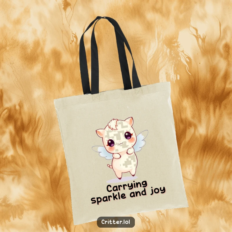 Funny Tote Bag showing a tiny winged creature dancing energetically with radiating sparkles, perfect for carrying magic daily.