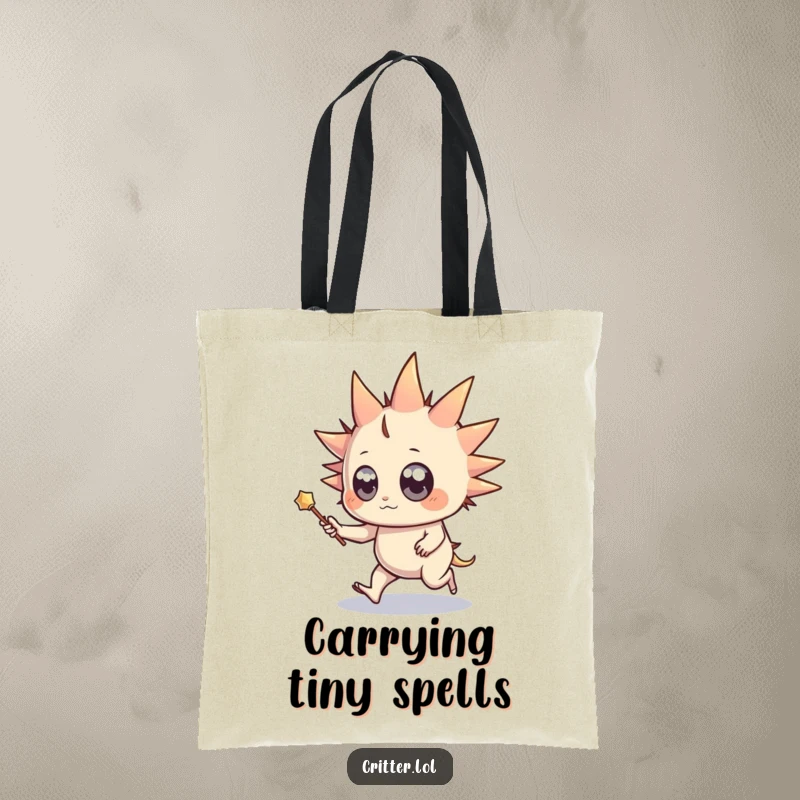 Funny tote bag featuring a spiky creature with wide eyes and a miniature wand, happily skipping, perfect for carrying magical essentials.