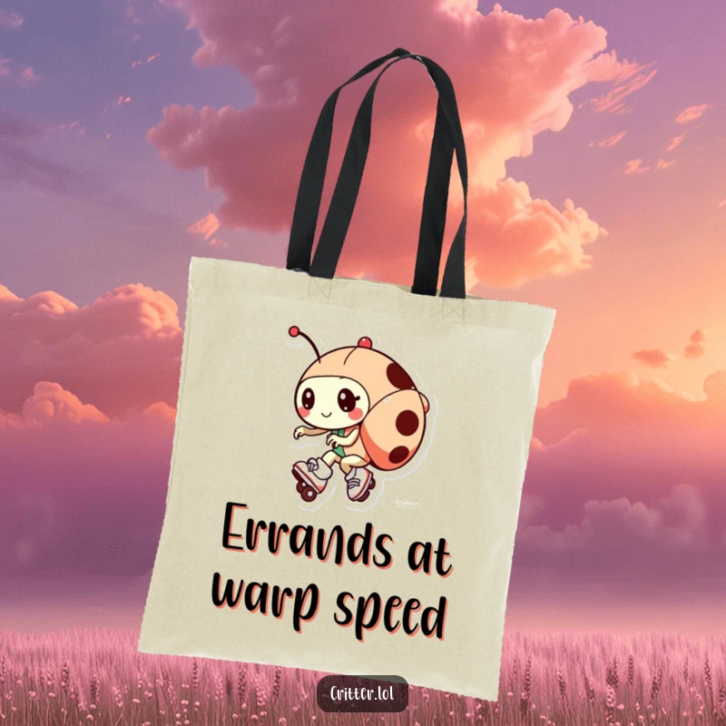 Funny tote bag showcasing a ladybug character wearing roller skates and zipping by, perfect for carrying items with humor.