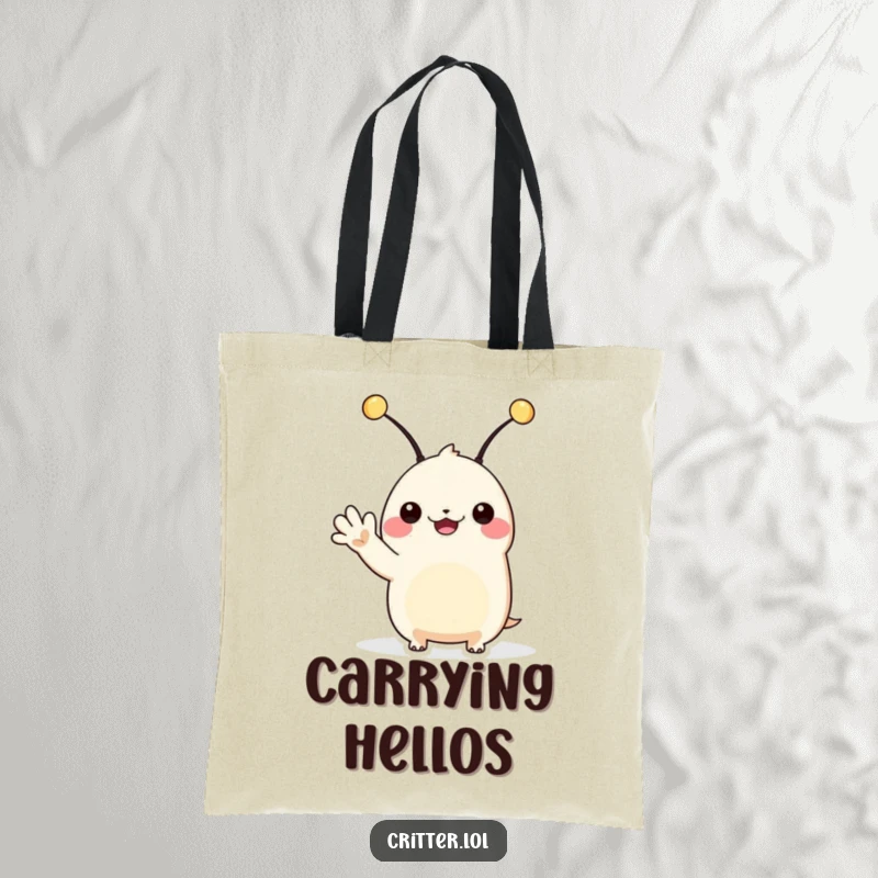Funny alien tote bag with a creature with antennae waving hello, great for carrying essentials with extraterrestrial flair.