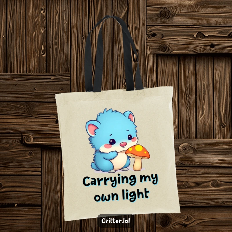 Funny blue furry critter with antennas sniffing a glowing mushroom on a tote bag, ideal for carrying items with a touch of humor.