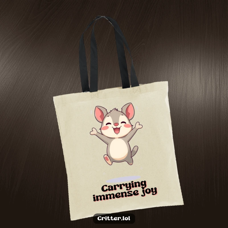 Funny bouncing critter character making exaggerated joyful leaps on a tote bag, symbolizing energy and happiness, ideal for everyday use, a gift.