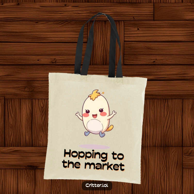 Funny tote bag with a bouncy creature and rubbery legs hopping with amusement, a fun and funny gift.