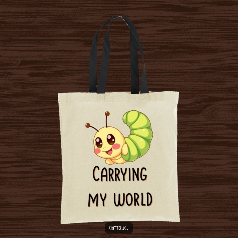 Funny caterpillar tote bag featuring a cute, energetic character mid-somersault with eyes sparkling, perfect for errands.